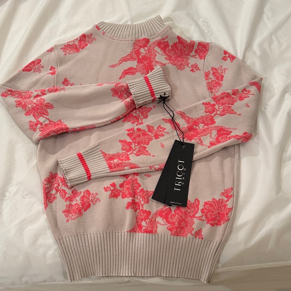Floral Knit Turtleneck Sweater - Pink and Cream